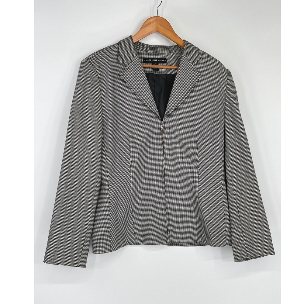 Josephine Chaus Womens Blazer 14 Full Zip Front Black White Houndstooth